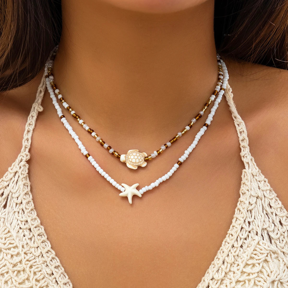 Layered Small Seed Beads Chains with Starfish Turtle Choker Necklace for Women Trendy Collar on Neck 2023 Fashion Jewelry Female