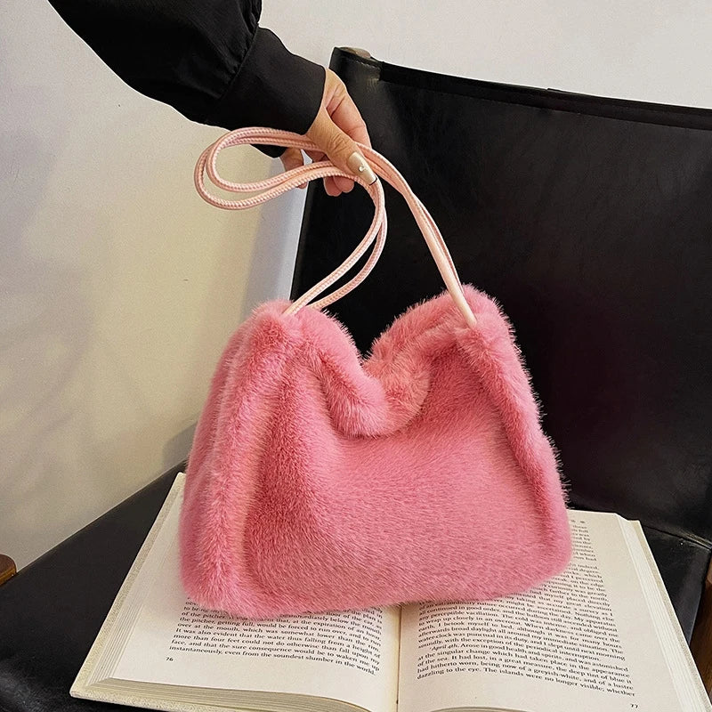 Female Autumn Winter Plush Handbag Versatile Solid Color Chain Crossbody Shopping Bag Women New Design Chain Messenger Bags
