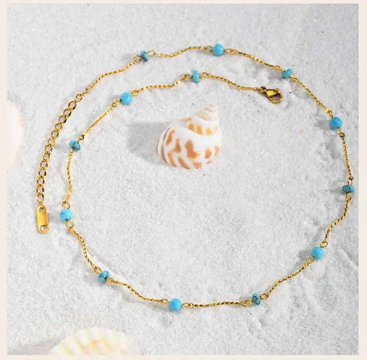 Waterproof Turquoise Necklace Gold Plated Stainless Steel Non-tarnish Wavy Link Chain Bead Choker Necklace Summer Boho Jewelry