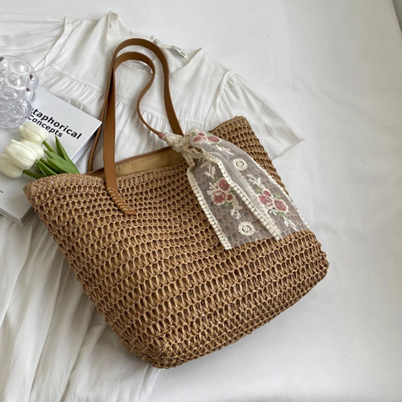 Summer Large Capacity Tote Bag Women Shoulder Bag Handmade Woven Bag Fresh Rural Handheld Grass Woven Women Bag