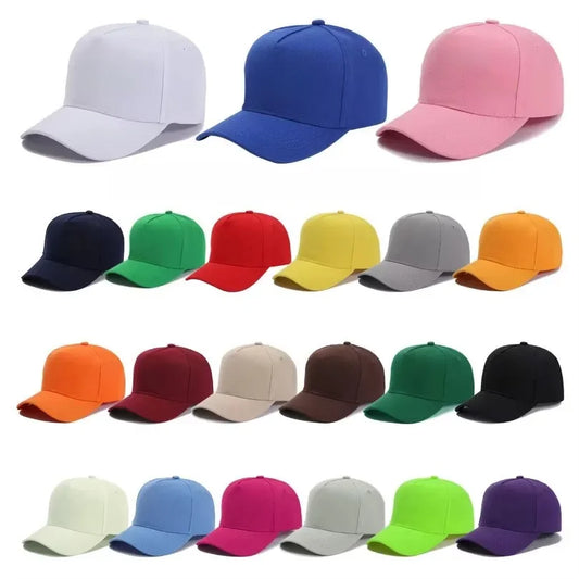 Assorted 5-panel baseball caps in multiple colors, curved brim and snapback style
