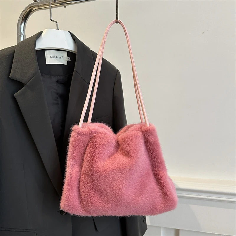 Female Autumn Winter Plush Handbag Versatile Solid Color Chain Crossbody Shopping Bag Women New Design Chain Messenger Bags