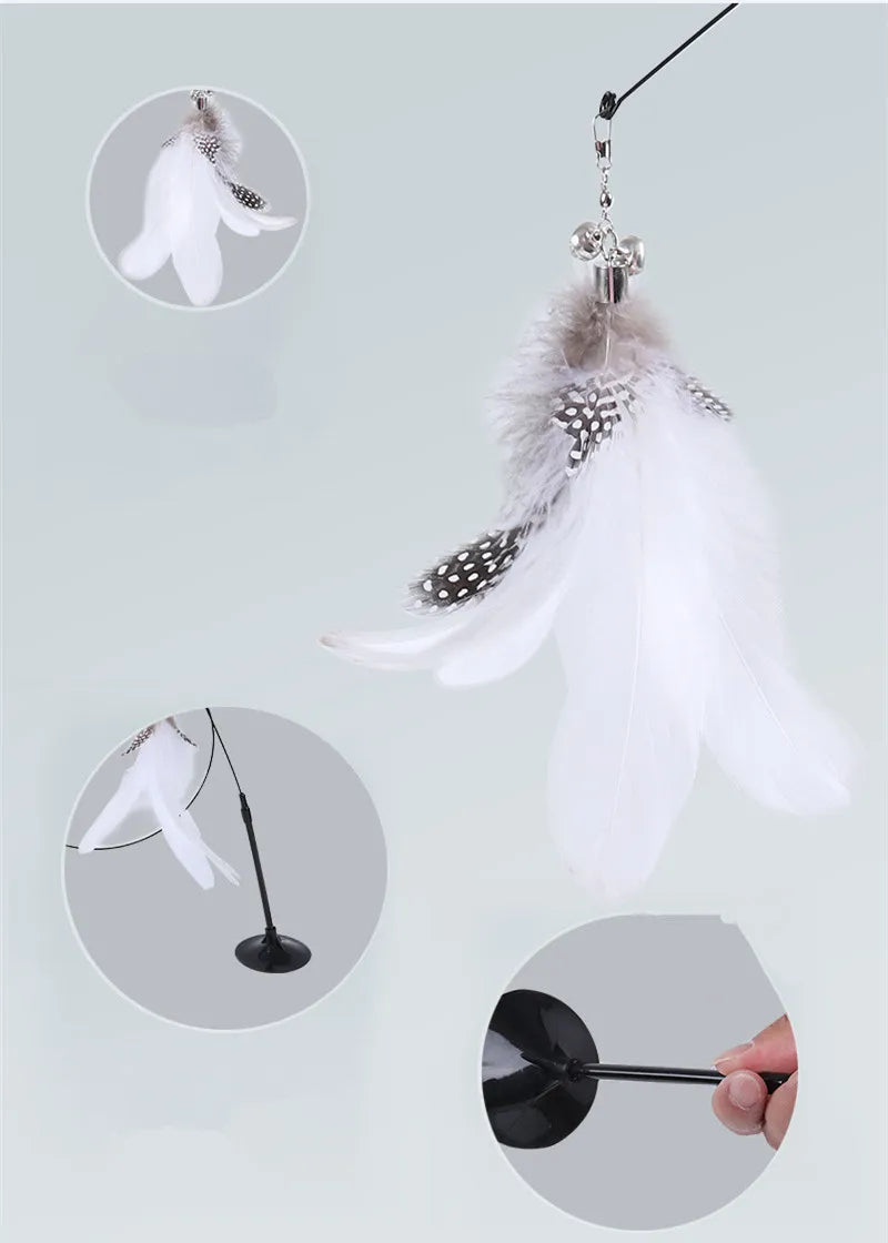 Cat Toys Interactive Cat Toy Steel Wire Feather Toys for Cats Stick Suction Cup Feather Cats Toy with Bell Teaser Pet Products