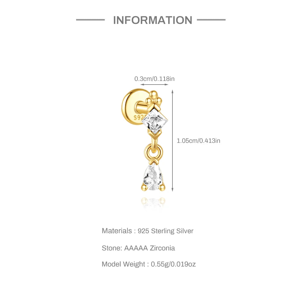 CANNER Pendientes Plata 925 Piercing Stud Earrings For Women Cubic Zirconia 925 Sterling Silver Cartilage Earring Jewerly 1pc