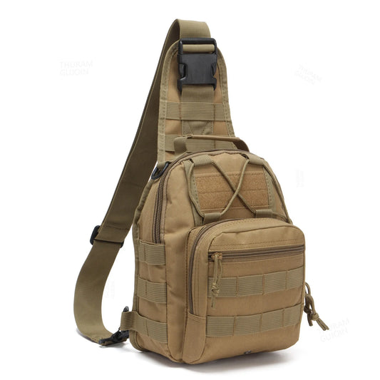 Tan tactical sling bag with adjustable strap and zip front pocket