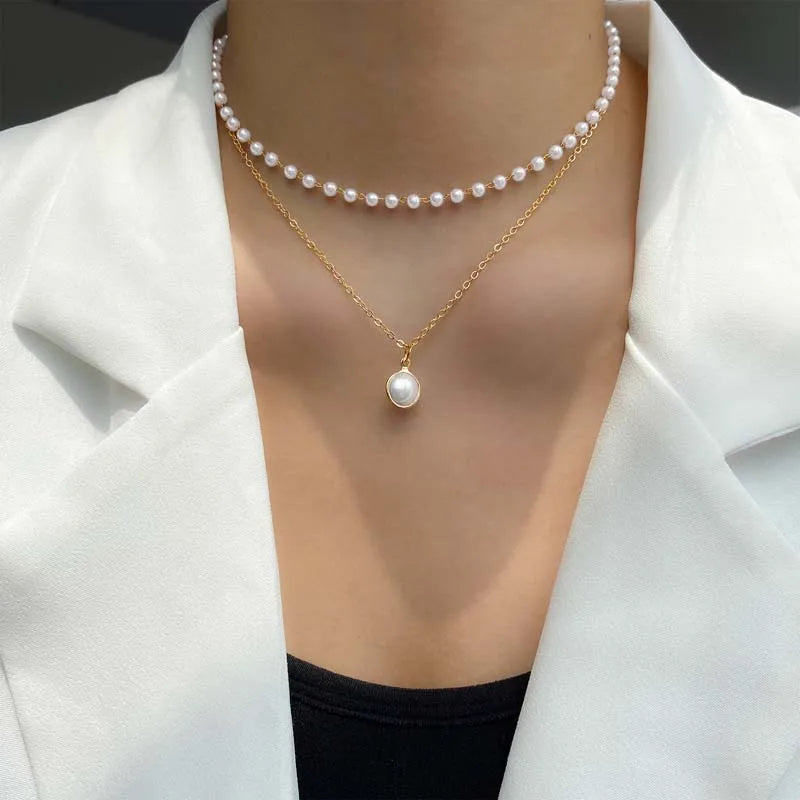 2026 New Fashion Gold Color Pearl Choker Necklace For Women Girl Simple Double Layer Neck Chain Necklace Jewelry Gift