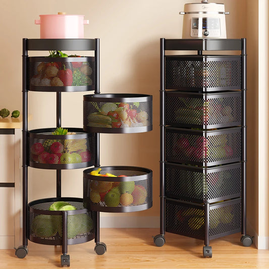 Black rotating storage rack with multiple round mesh tiers and caster wheels