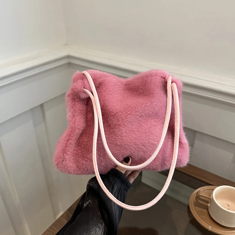Female Autumn Winter Plush Handbag Versatile Solid Color Chain Crossbody Shopping Bag Women New Design Chain Messenger Bags