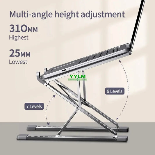 Adjustable laptop stand with multi-angle height settings on gray metal frame