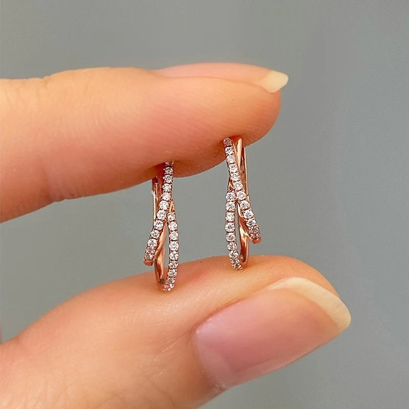 Huitan Rose Gold Color Women Hoop Earrings Cross Design Trendy Party Elegant Lady Wedding Accessories Inlaid Shiny CZ Jewelry