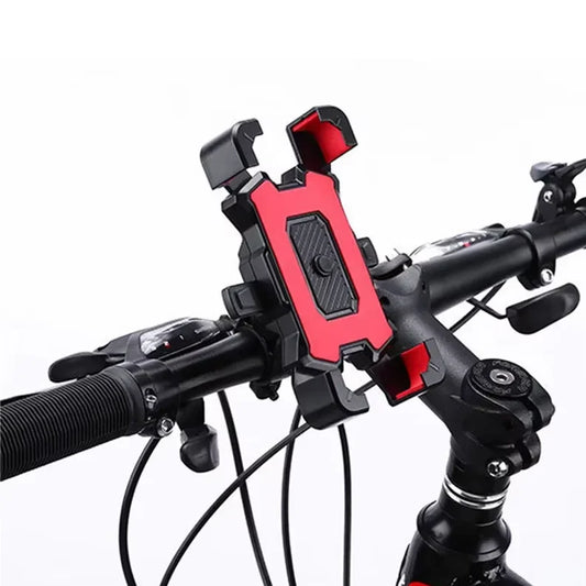 Bicycle phone holder with black and red clamp mount on handlebars