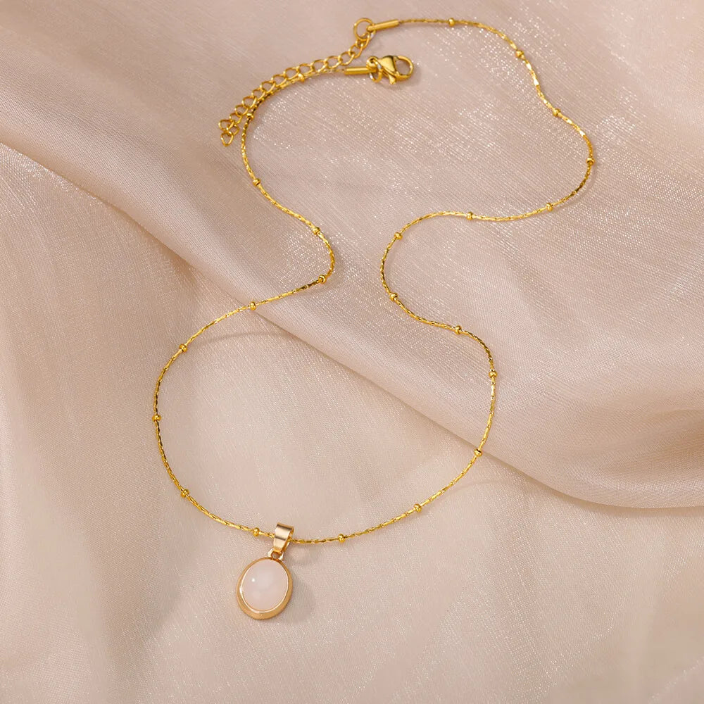 Oval Opal Pendant Necklace For Women Gold Plated Stainless Steel Bead Chains Necklaces 2022 Trend Wedding Jewelry collares mujer
