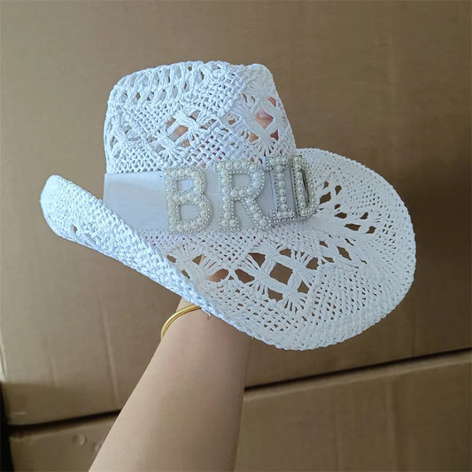 Light blue crochet cowboy hat with cutout texture and pearl BRIDE lettering