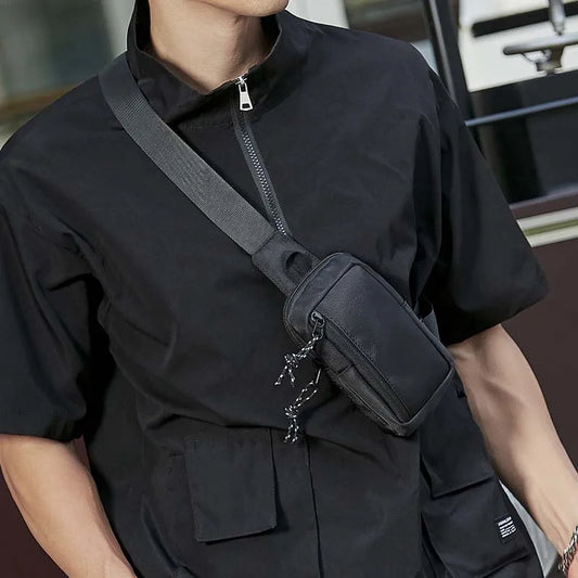 Black mini crossbody chest bag with zip top and adjustable diagonal strap