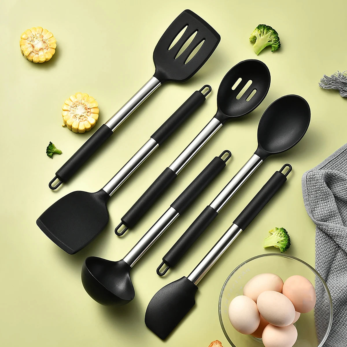 2/4/6/8pcs Silicone Kitchenware Set Stainless Steel Hand Shovel Soup Spoon Spaghetti Claw Cooking Set Household Kitchen Tool Set