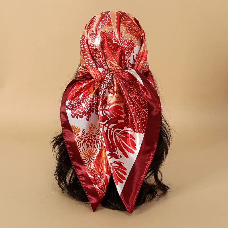 Luxury Brand Silk Satin Square Scarf Women Hijab Bandana Muslim Headscarves Shawl Wrap Ladies Headband Neckerchief Foulard 90cm