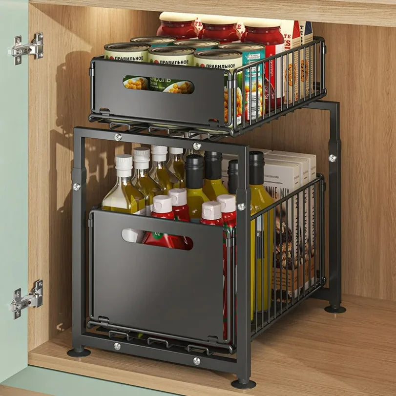 Kitchen Sink Storage Rack Pull-Out Basket Double Layer Spice Snack Bottle Can Organizer Cabinet Multi-level Shelf