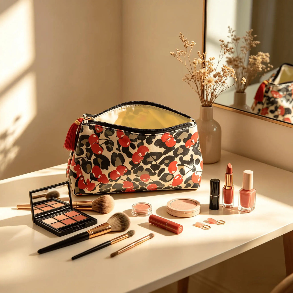 Travel Makeup Bag for Women, Portable Water-resistant Cosmetic Case Puffy Padded Make Up Organizer Pouch, Open Flat Toiletry Bag