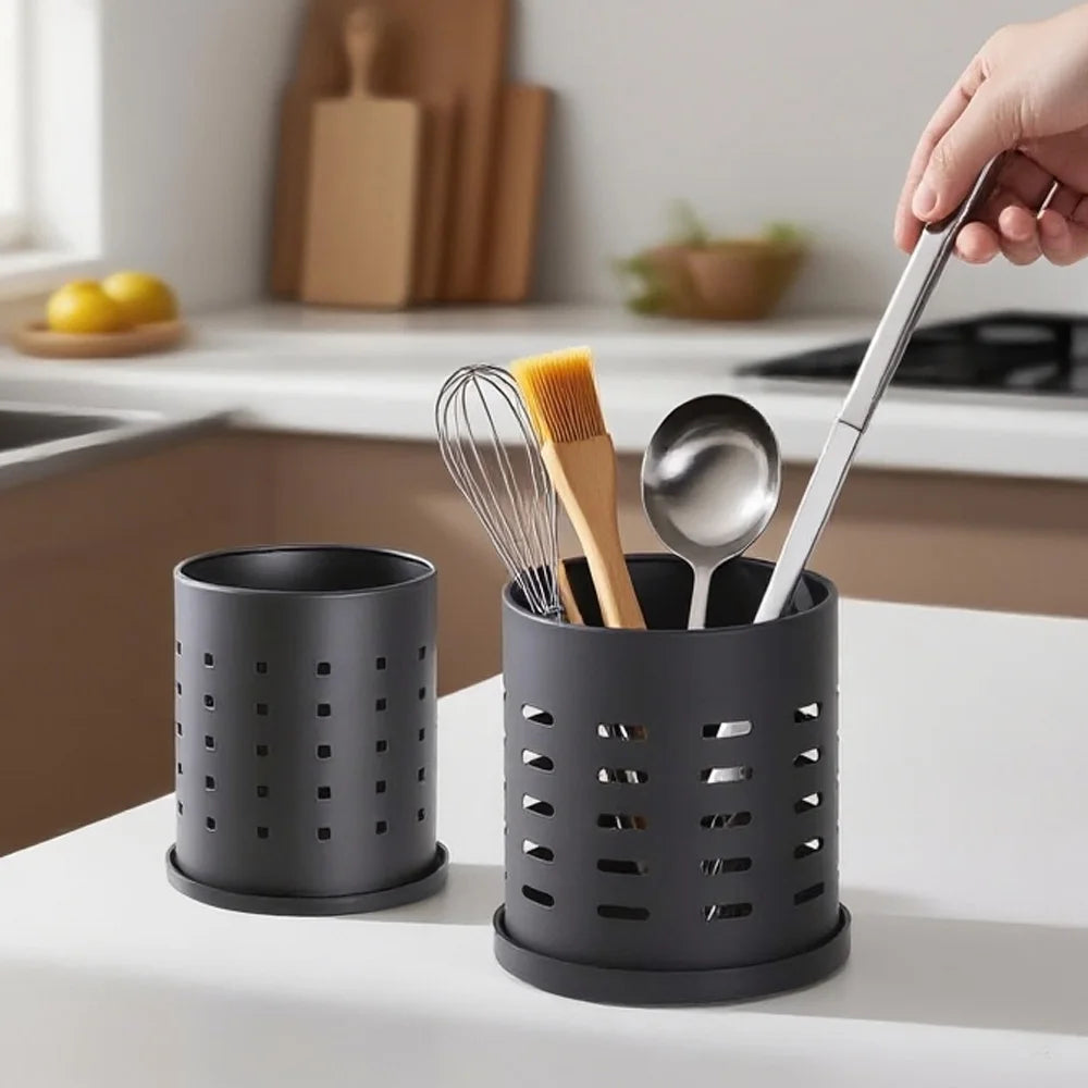 Black Stainless Steel Cutlery Holder - Large - Size Kitchen Storage Container for Knives, Forks & Chopsticks, Easy to Clean