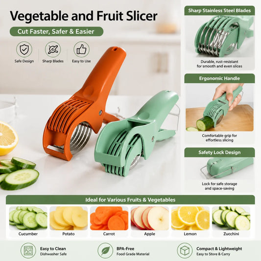 Multifunctional fruit and vegetable slicer with orange handle and mint green frame