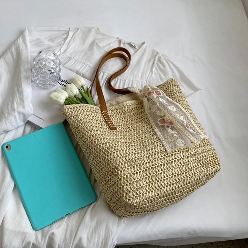 Summer Large Capacity Tote Bag Women Shoulder Bag Handmade Woven Bag Fresh Rural Handheld Grass Woven Women Bag