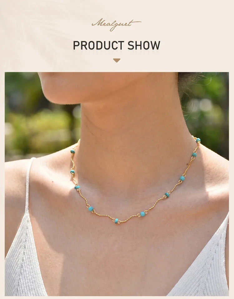 Waterproof Turquoise Necklace Gold Plated Stainless Steel Non-tarnish Wavy Link Chain Bead Choker Necklace Summer Boho Jewelry