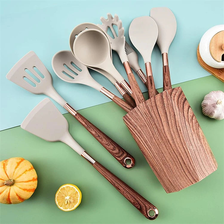 LMETJMA Silicone Kitchen Utensil Set 10 Pcs Cooking Utensil with Utensils Holder Wooden Pattern Handles Nonstick Cookware JT264