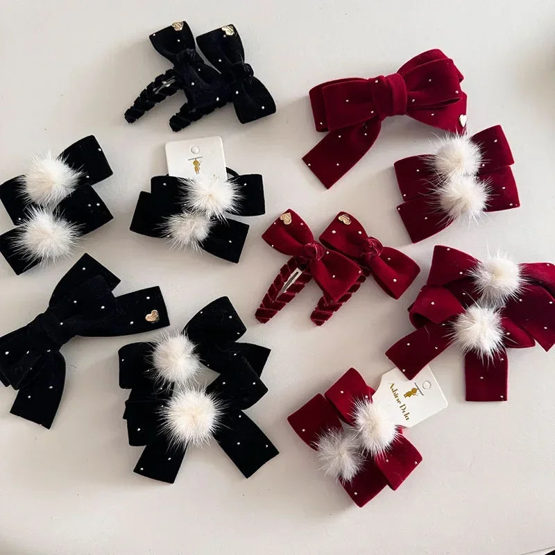 1/2Pc Red Velvet Bow Hair Pins Alloy Heart Hair Clips for Kids Girls Pompom Barrettes Ponytail Holder Headwear Accessories