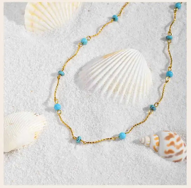 Waterproof Turquoise Necklace Gold Plated Stainless Steel Non-tarnish Wavy Link Chain Bead Choker Necklace Summer Boho Jewelry