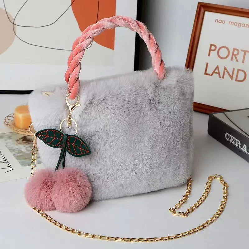 New Fashion Women Handbags Winter Furry Ladies Soft Plush Clutch Purse Shoulder Bags Fashion Female Cherry Pendant Messenger Bag