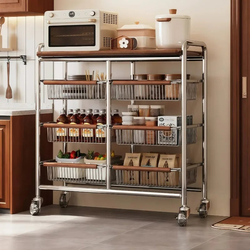 Wooden Rolling Kitchen Cart with 4/8 Baskets, Fruit Vegetable Storage Rack