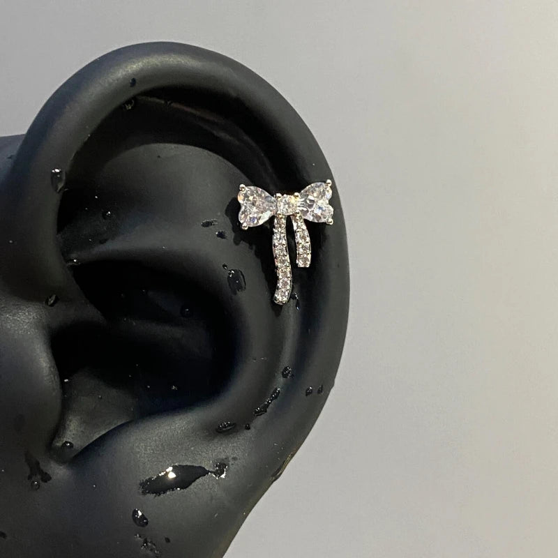1 Pcs White Heart Bowknot Titanium Steel Ear Bone Nail Shiny Allergy Prevention Women Cochlear Accessories Piercing Earrings