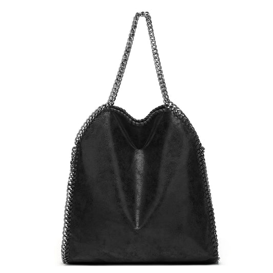 Black chain-strap handbag with scalloped top edge and simple silhouette