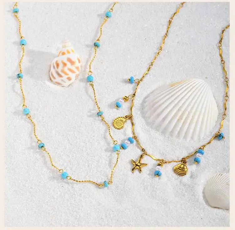 Waterproof Turquoise Necklace Gold Plated Stainless Steel Non-tarnish Wavy Link Chain Bead Choker Necklace Summer Boho Jewelry