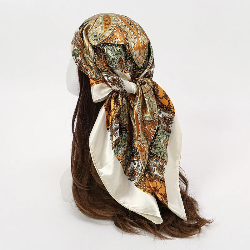 Luxury Brand Silk Satin Square Scarf Women Hijab Bandana Muslim Headscarves Shawl Wrap Ladies Headband Neckerchief Foulard 90cm
