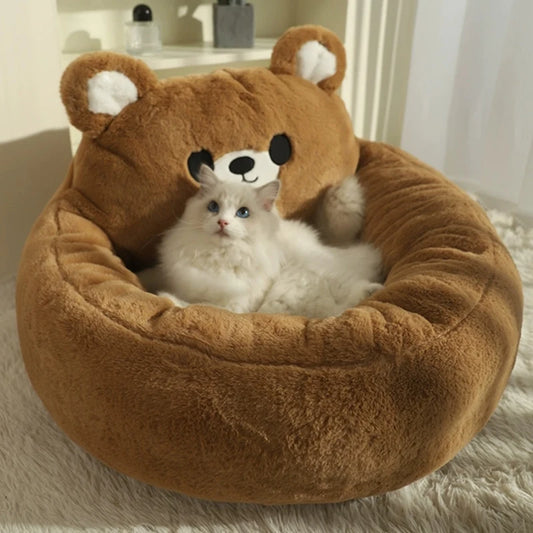 Brown bear-shaped round pet bed with teddy face and plush inner cushion