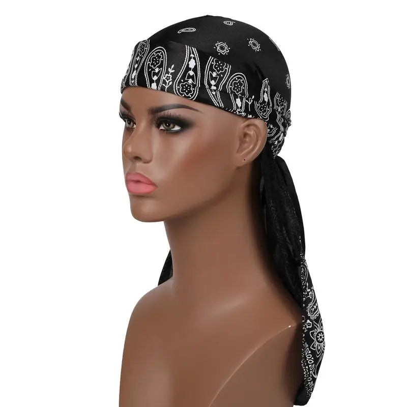 Satin Floral Printed Headband Scarves for Women Hair Accessories Mens Doo Rag Durag Long Tail Cap Bandana Turban Unisex Headwear
