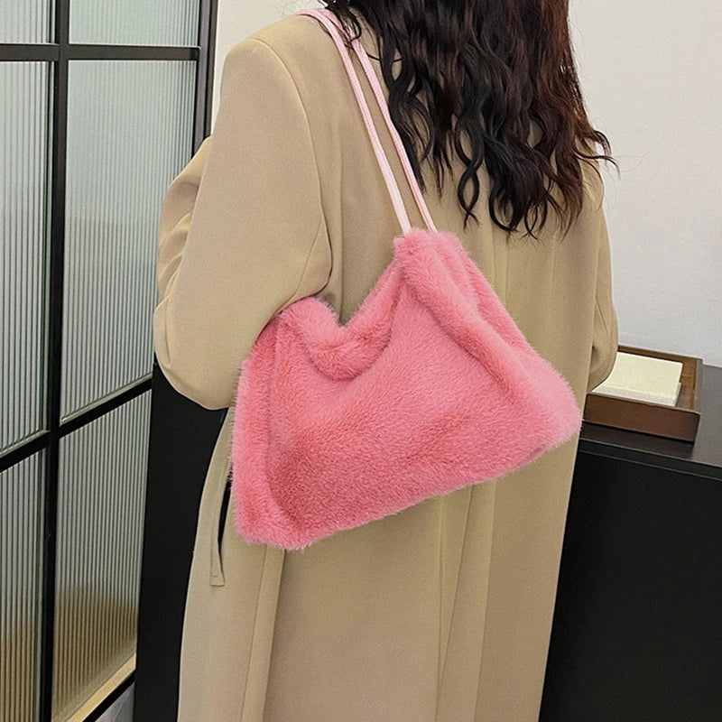 Female Autumn Winter Plush Handbag Versatile Solid Color Chain Crossbody Shopping Bag Women New Design Chain Messenger Bags