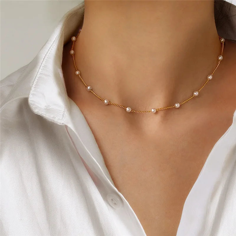 2026 New Fashion Gold Color Pearl Choker Necklace For Women Girl Simple Double Layer Neck Chain Necklace Jewelry Gift