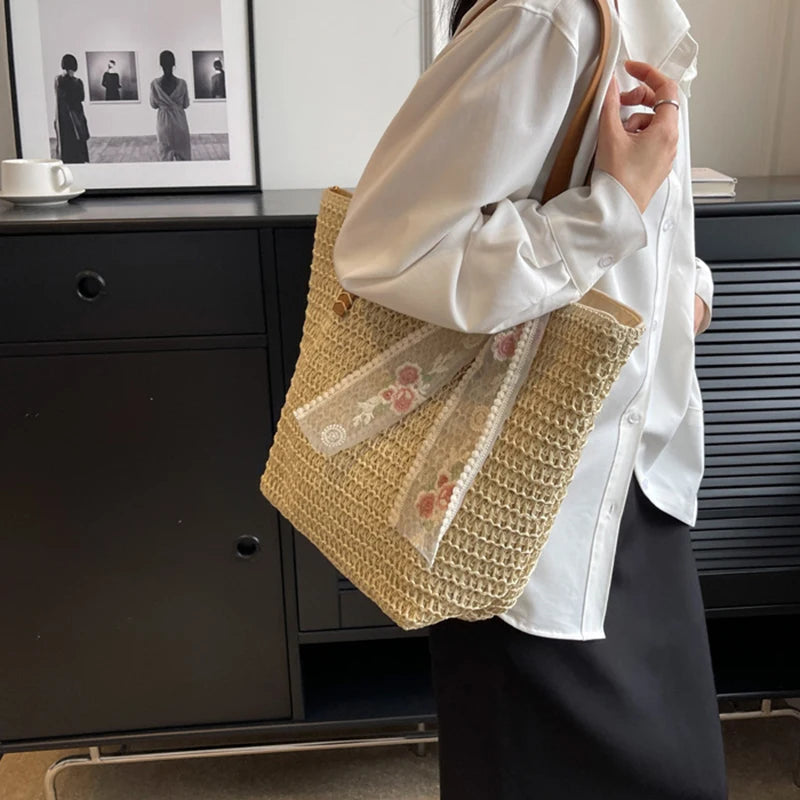 Summer Large Capacity Tote Bag Women Shoulder Bag Handmade Woven Bag Fresh Rural Handheld Grass Woven Women Bag