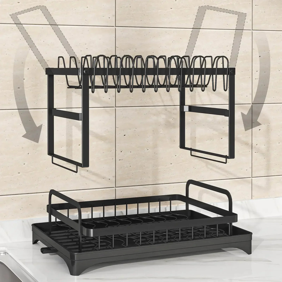 Space Saving Double Tier Dish Drying Rack Rust Resistant Metal With Drain Tray Easy Assemble Kitchen Tableware Holder