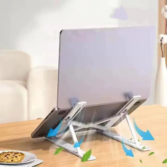 Adjustable laptop stand holding a laptop at an elevated viewing angle, black.