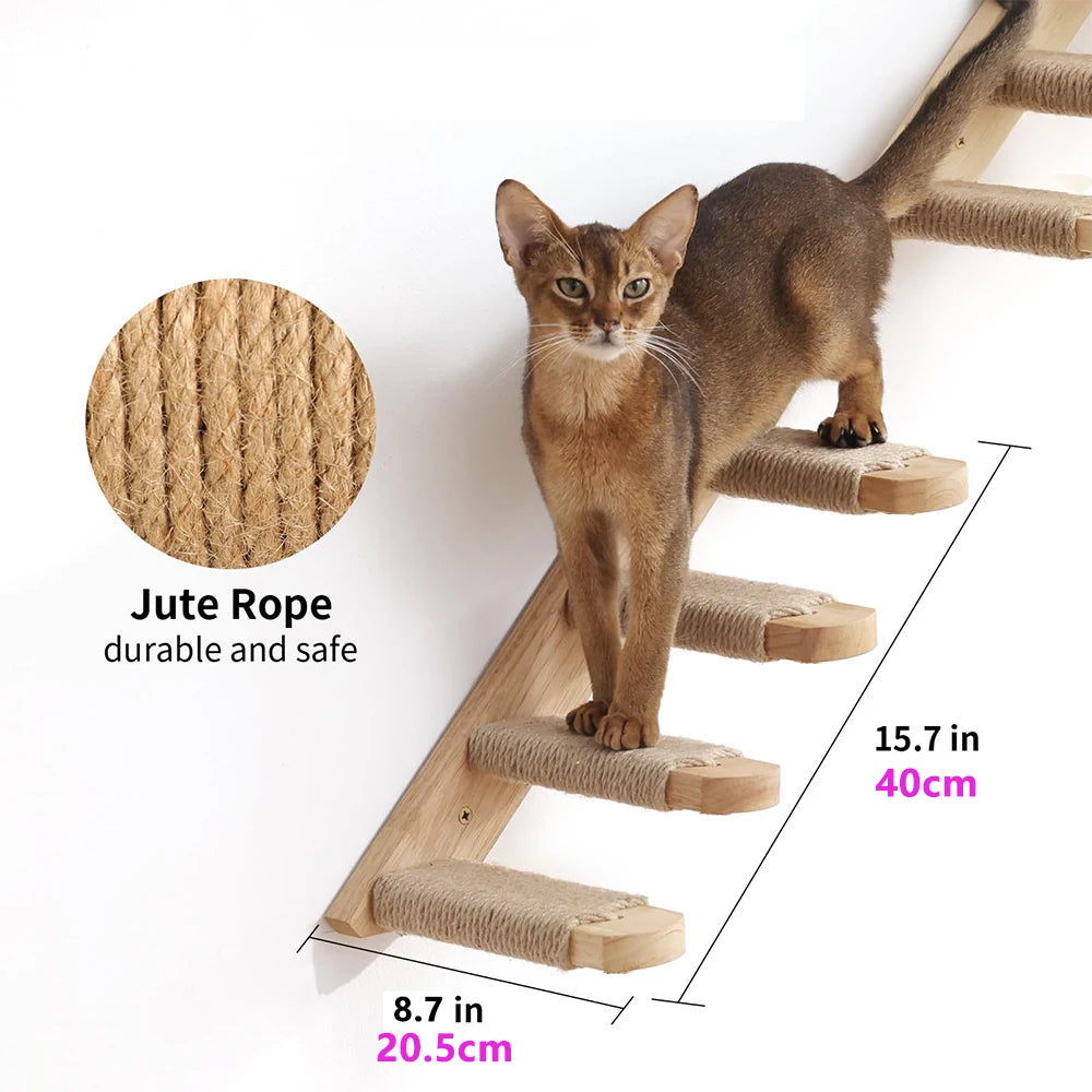 Cat Climbing Stairs Wall Mounted Steps Made of Wood and Sisal Rope Scratching Ladder Pet Furniture for Indoor Cats Playing Sleep