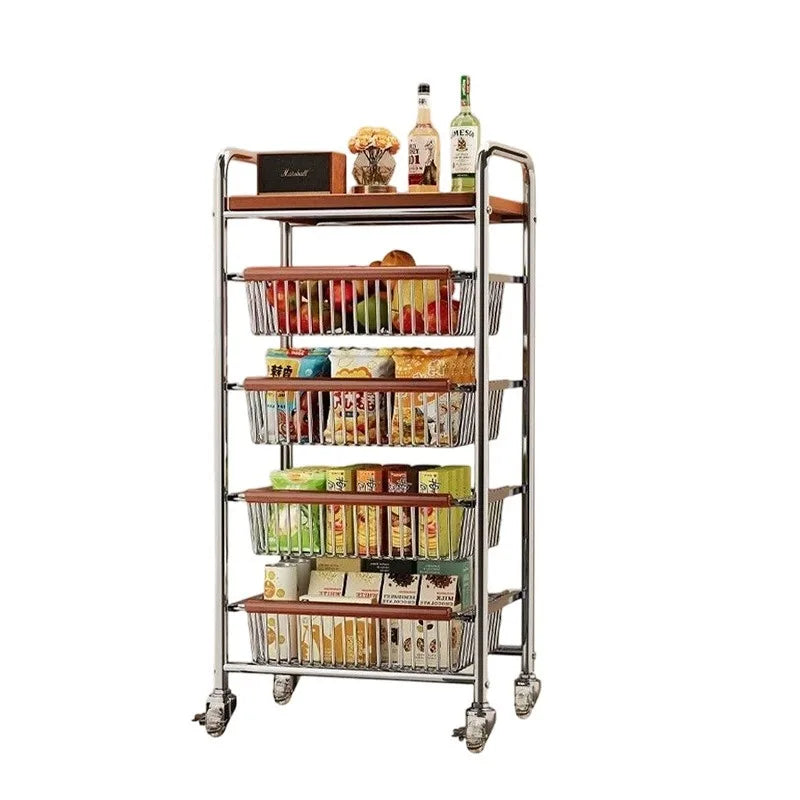 Wooden Rolling Kitchen Cart with 4/8 Baskets, Fruit Vegetable Storage Rack