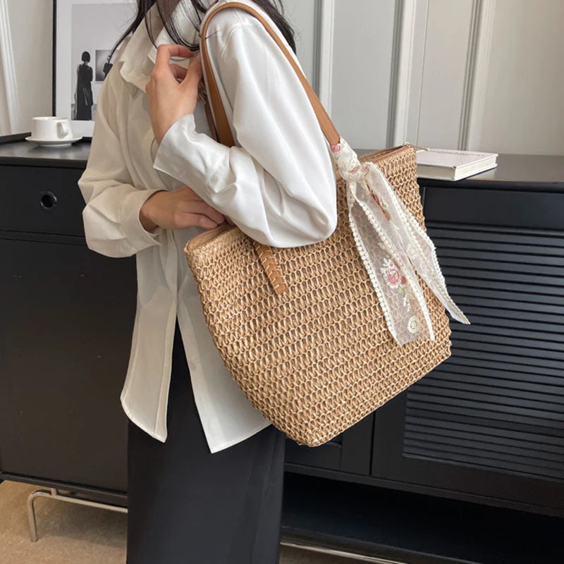 Summer Large Capacity Tote Bag Women Shoulder Bag Handmade Woven Bag Fresh Rural Handheld Grass Woven Women Bag