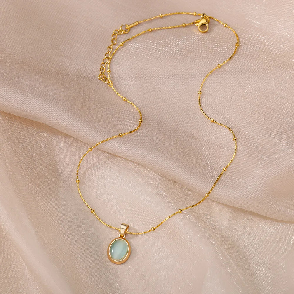 Oval Opal Pendant Necklace For Women Gold Plated Stainless Steel Bead Chains Necklaces 2022 Trend Wedding Jewelry collares mujer