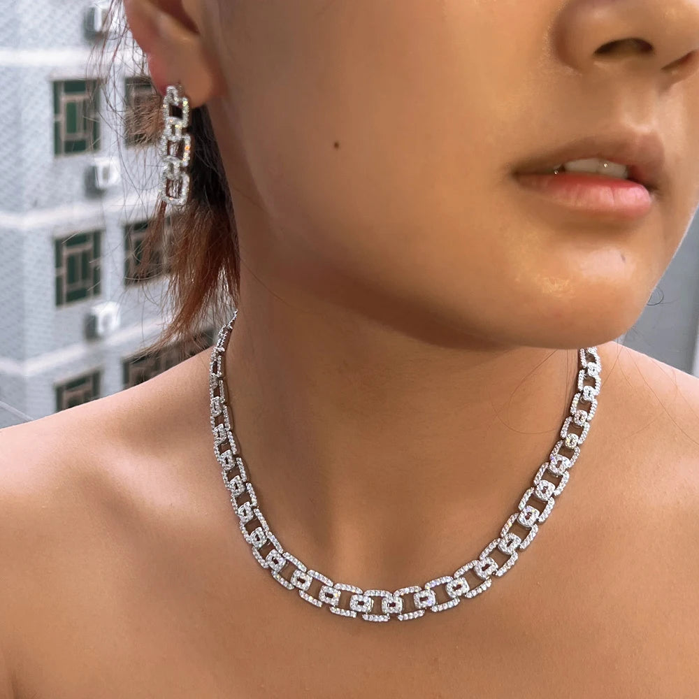 CWWZircons Fashion Micro Pave Cubic Zirconia Cuban Chain Link Engagement Wedding Necklace Earrings Jewelry Sets for Women T0944