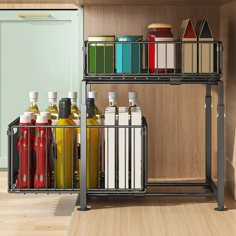 Kitchen Sink Storage Rack Pull-Out Basket Double Layer Spice Snack Bottle Can Organizer Cabinet Multi-level Shelf