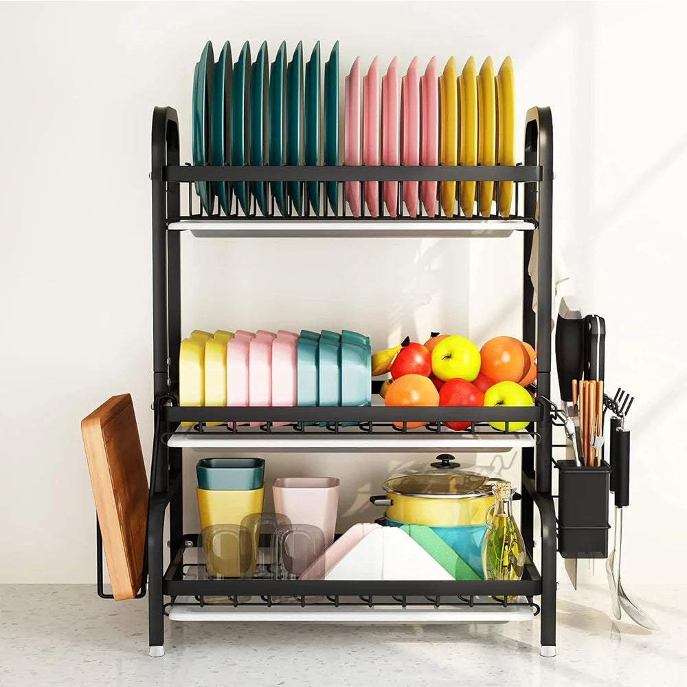 3 Tier Dish Organizer Dish Drying Rack Compact Kitchen Dish Rack Drainboard Set Large Rust-Proof Dish Drainer Kitchen Dish Drain