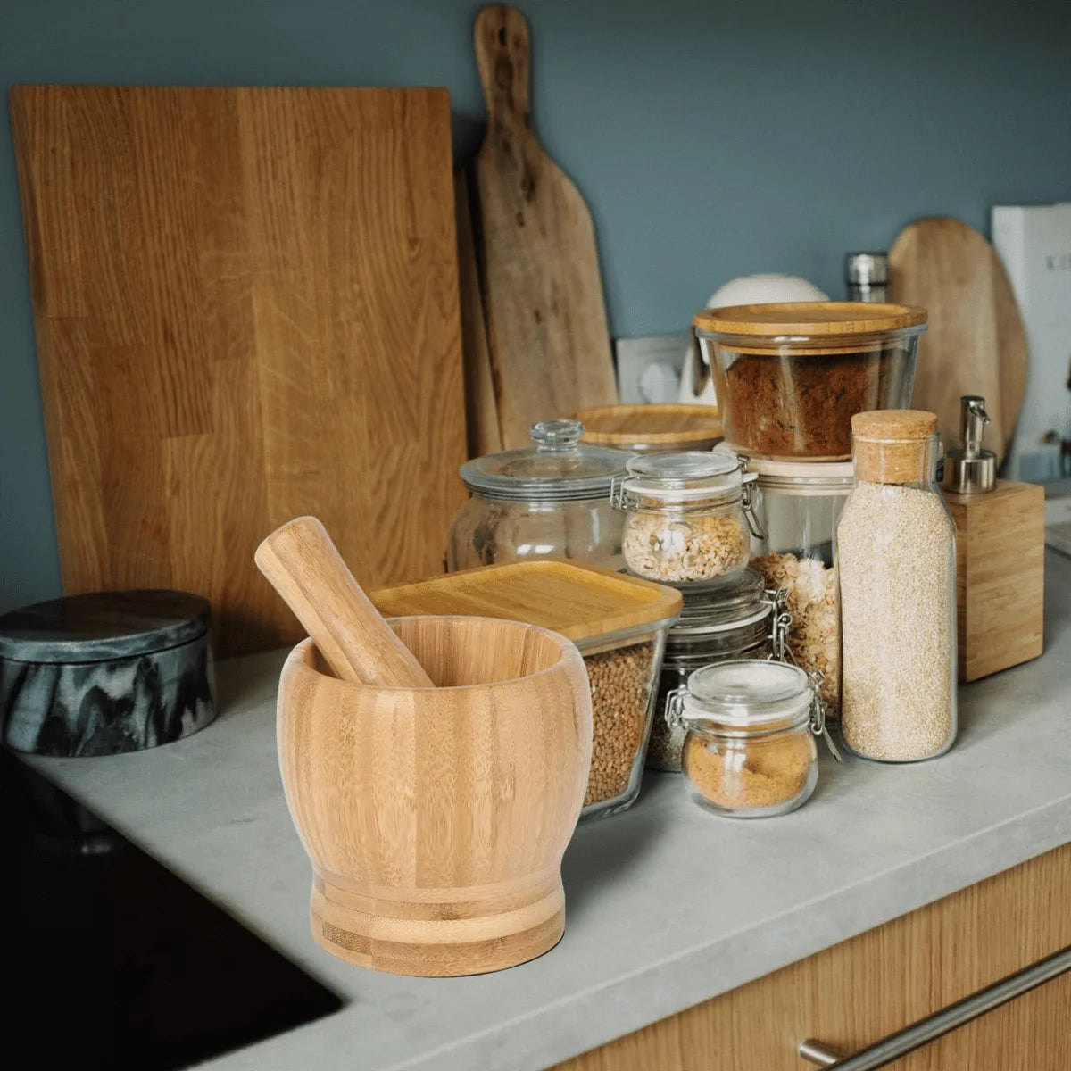 Leeseph Bamboo Mortar and Pestle Set, Garlic Grinder, Herb Spice Masher, Seasoning Crusher, Kitchen Tool for Mash Spices Pepper